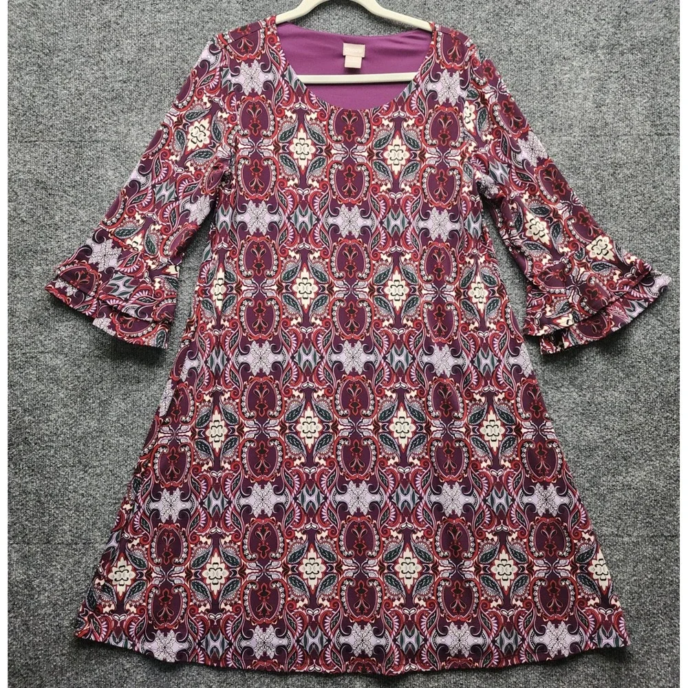 Chico's Women's Paisley Bell Sleeve Shift Dress Boho Stretch Lined Size 1 (8/10) - Picture 1 of 8